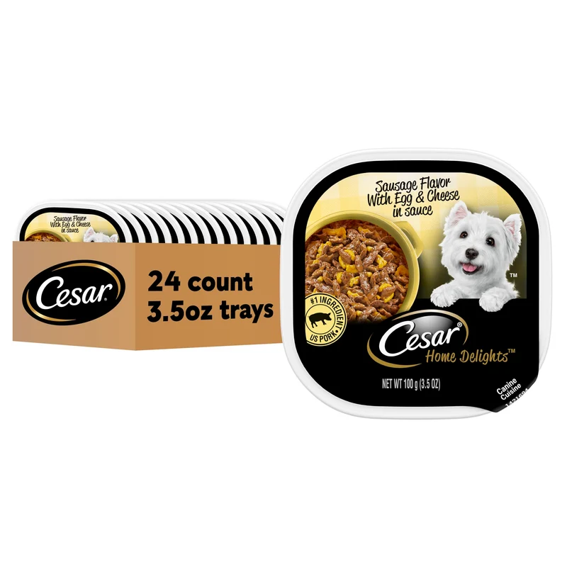 Cesar Home Delights – Aliment humide pour chien adulte, Saveur saucisse avec œuf et fromage en sauce, barquettes 3,5 oz (100 g), lot de 24