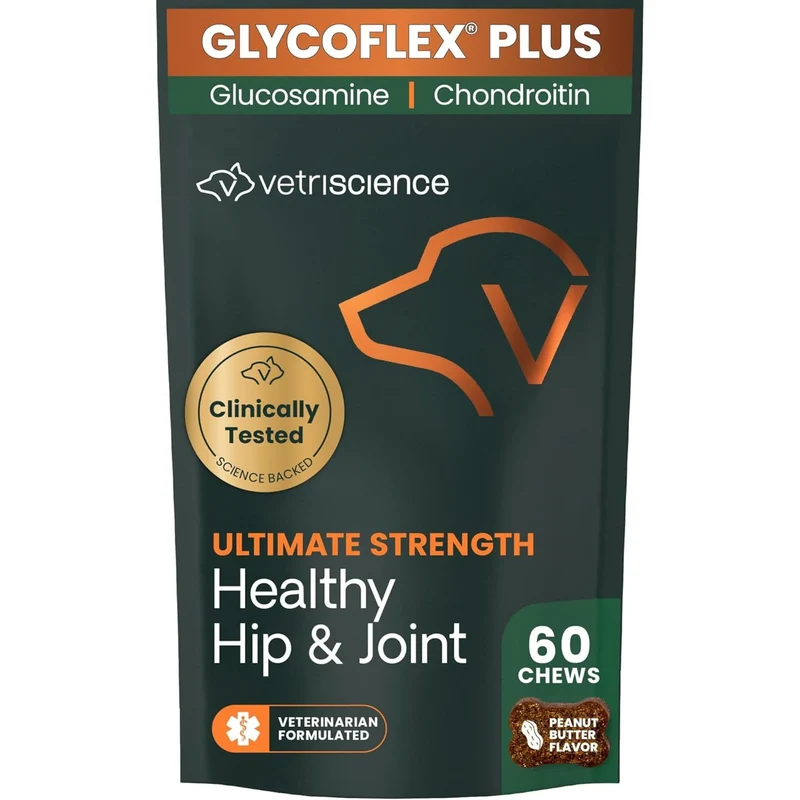 VetriScience GlycoFlex Force Ultime pour Chiens – Santé des Hanches et Articulations, Glucosamine, MSM et Palourdes Vertes, Goût Beurre d Arachide, 60 bouchées