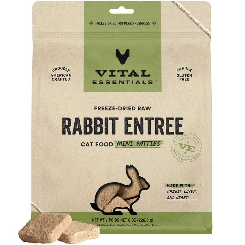 Vital Essentials - Nourriture pour chat crue lyophilisée, mini pâtés de lapin | Repas complet ou topping | Sans céréales | Sachet 227 g