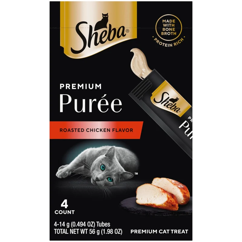 Sheba Purée Premium pour Chats – Friandises Lickables Saveur Poulet Rôti, Tubes 0,49 oz, Lot de 11 (44 tubes)