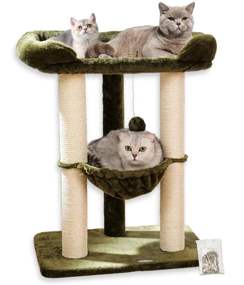 Happi N Pets Arbre à Chat 28-pouces — Grand lit pour chats de grande taille, perchoir doux et hamac, base robuste – Vert