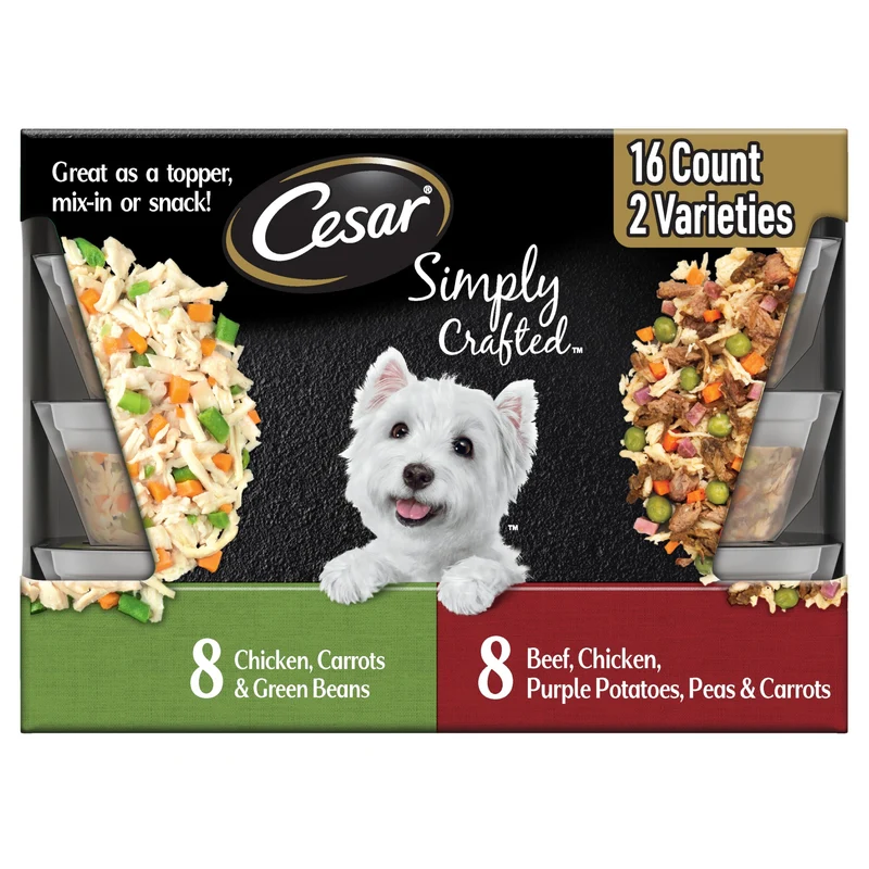 Cesar Simply Crafted : Garnitures Humides pour Croquettes – Bœuf & Poulet avec Légumes, Lot de 16 Pots de 1,3 oz