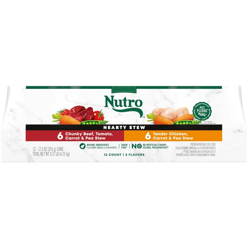 Nutro Hearty Stew – Pâté humide sans céréales pour chien adulte, poulet et boeuf, pack 12 x 354 g