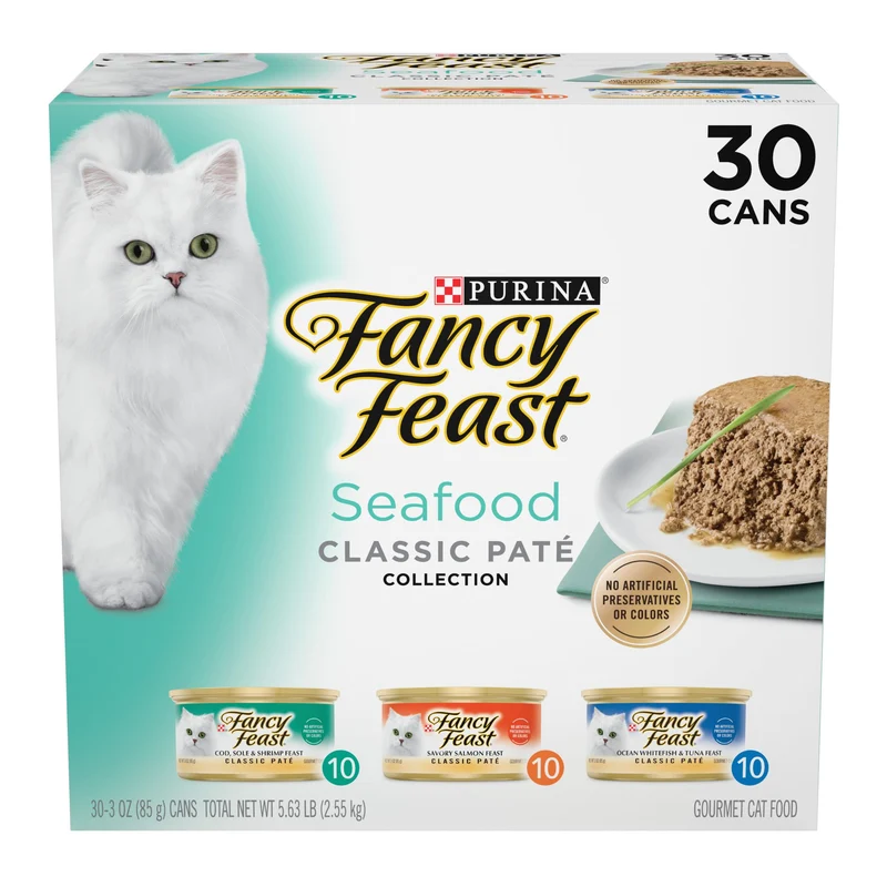 Purina Fancy Feast – Collection Pâtés Fruits de Mer Classiques Sans Céréales, Pack de 30 boîtes de 85 g