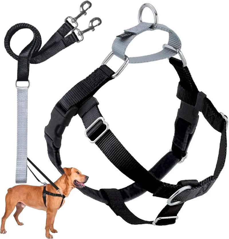 2 Hounds Design Freedom – Harnais anti-traction ajustable + laisse, fabriqué aux États‑Unis, noir, taille Large (1 pouce)