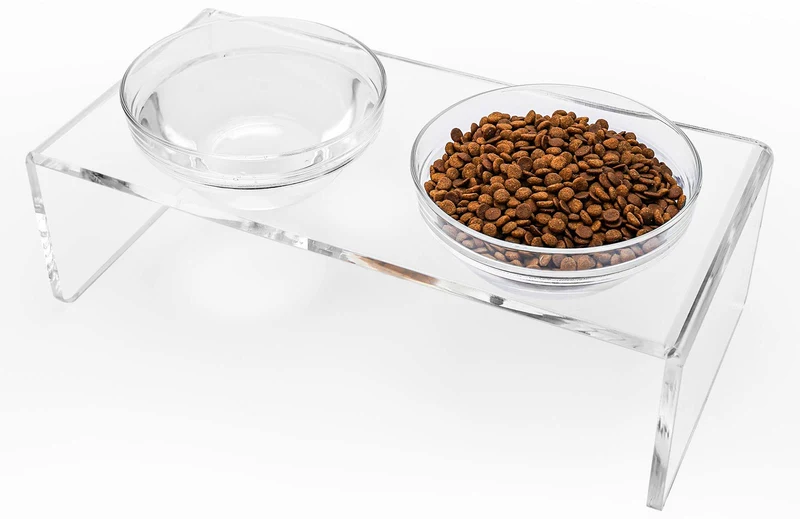 Feoyoho - Support surélevé en acrylique pour chien et chat, 14 cm, avec bols verre et inox
