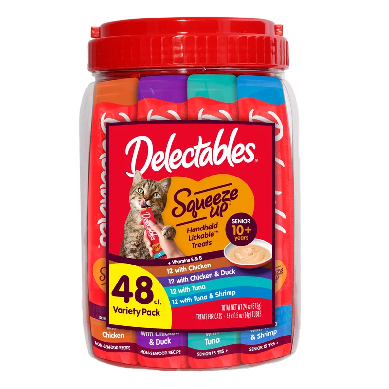 Delectables Squeeze Up Senior 10+ – Pack Variété 48 Tubes Crème Lickable pour Chats, 0,5 oz