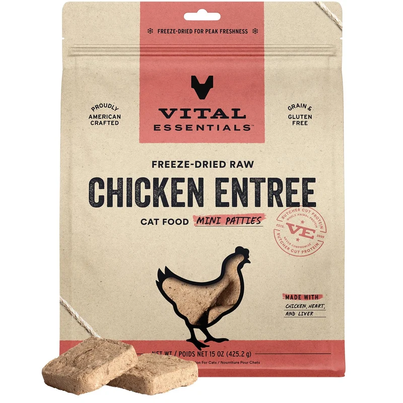 Vital Essentials – Nourriture féline lyophilisée au poulet, mini bouchées | Repas complet ou topping | Protéines élevées, sans céréales | 425 g