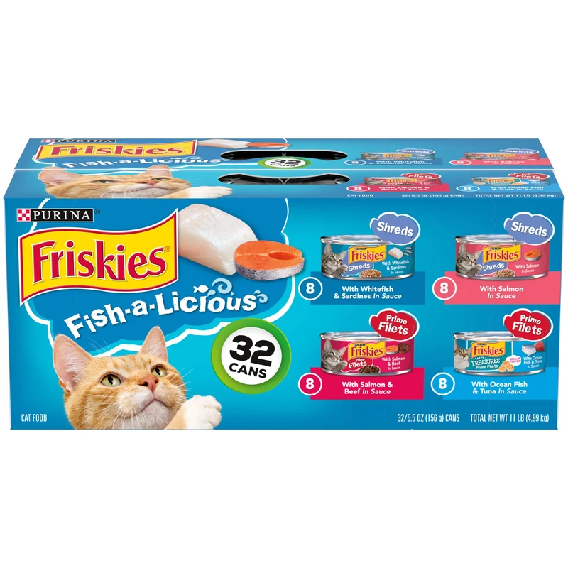 Friskies – Variété humide Poisson pour chat adulte, pack de 32 boîtes 156 g (5,5 oz) en sauce et morceaux