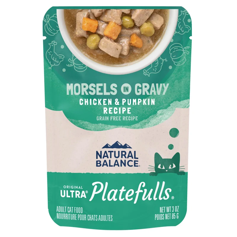 Natural Balance Original Platefulls Chat : Poulet et Citrouille Sans Céréales en Sauce Gravy, Sachets de 85 g (Pack 24)