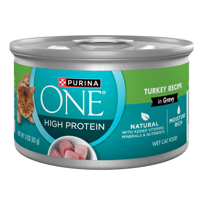 Purina ONE – Alimentation humide naturelle pour chat à haute teneur en protéines, Dinde dans la Sauce Gravy - Lot de 24 boîtes Pull-Top 3oz
