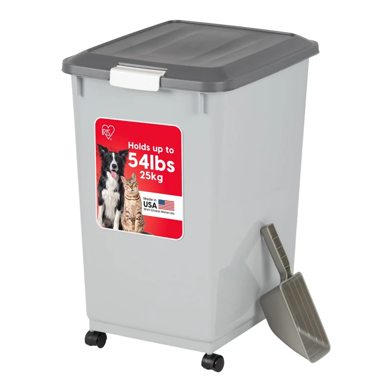 IRIS USA Conteneur Nourriture Animaux – Roues, Couvercle Étanche, Cuillère 2 Tasses, 54 lb, Sans BPA – Gris