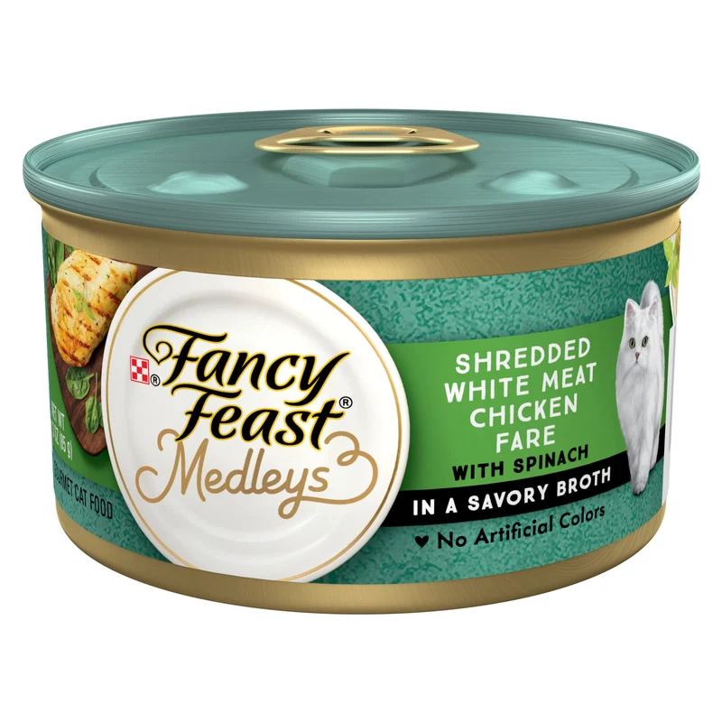 Fancy Feast Medleys Purina: Poulet blanc effiloché et épinards dans bouillon savoureux – Pack de 24 boîtes 85 g