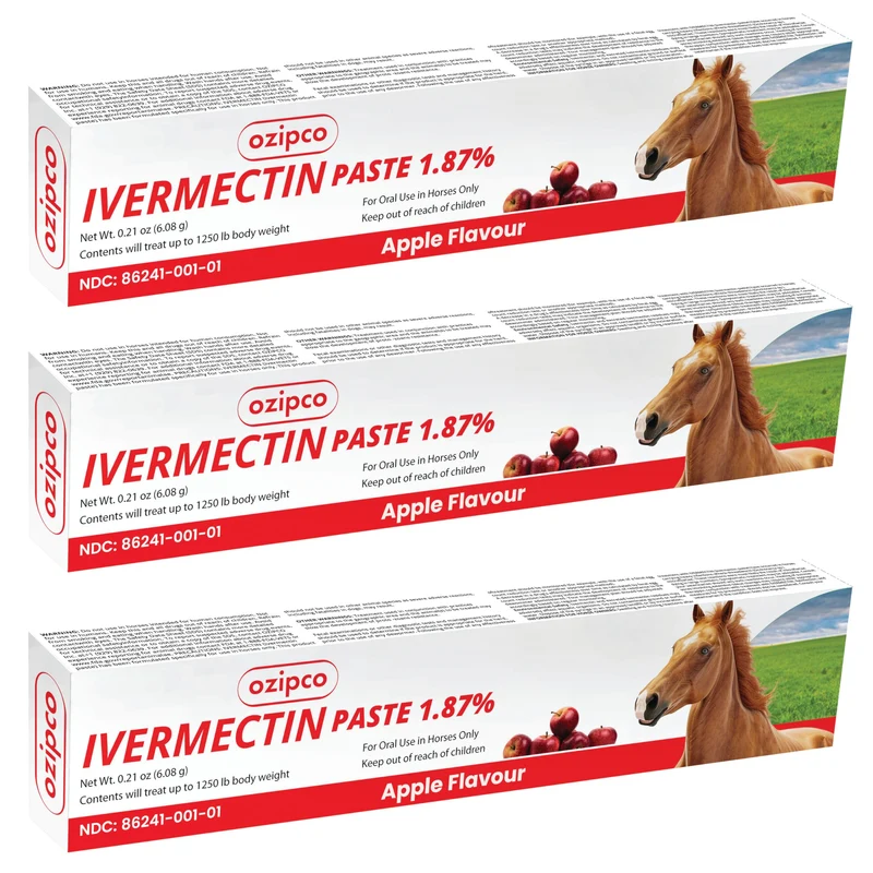 OZIPCO Ivermectine Pâte pour Chevaux 1,87% – Saveur Pomme, Seringue 6,08 g, Lot de 3 (Usage Équin)