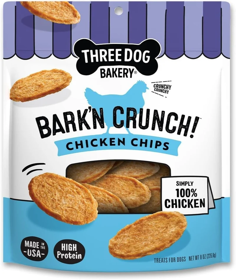 Three Dog Bakery Bark'N Crunch! Chips de poulet 100 % réel – 8 oz – friandises croquantes pour chiens, protéines élevées, sans céréales ni maïs ni soja