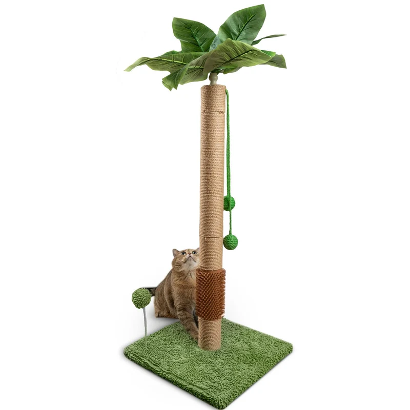 ANWA Poteau Griffage Chat 35 Pouces – Poteau intérieur avec Brosse Auto-Grooming et Feuilles Simulées