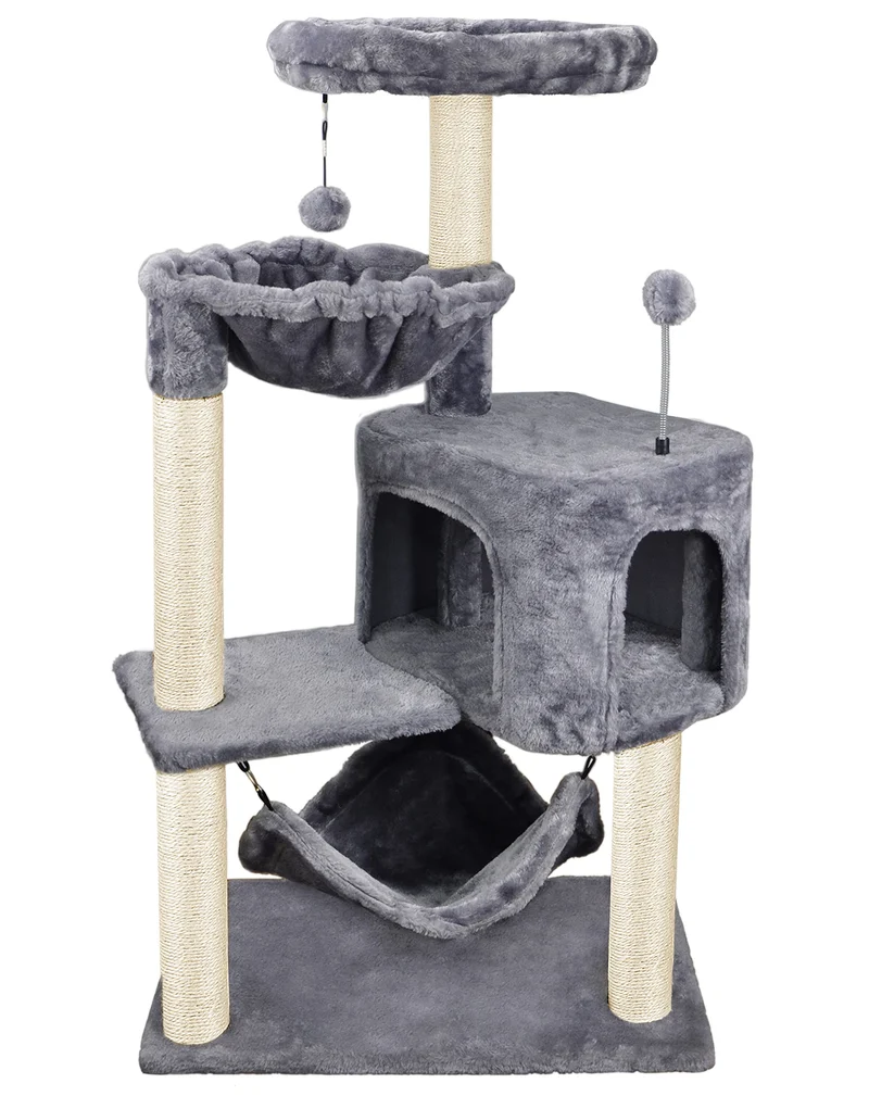 YUNIQUE Arbre à chat gris avec nid et grand hamac – Confort et stabilité