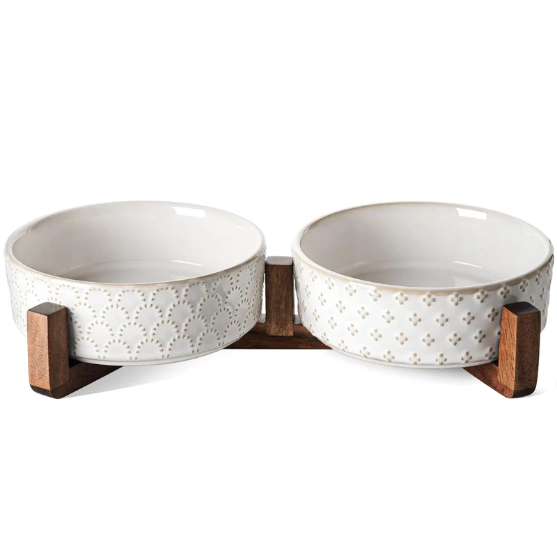 LE TAUCI Gamelles pour chien avec socle en acacia – Bols en céramique 1,5 tasse, duo nourriture et eau, base antidérapante