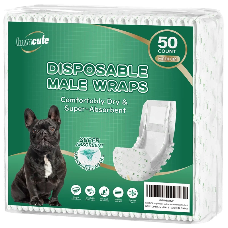 IMMCUTE Bandes pour Chien Mâle – 50 unités, Taille Moyenne, Protections Jetables Ultra Absorbantes et Indicateur d’Humidité