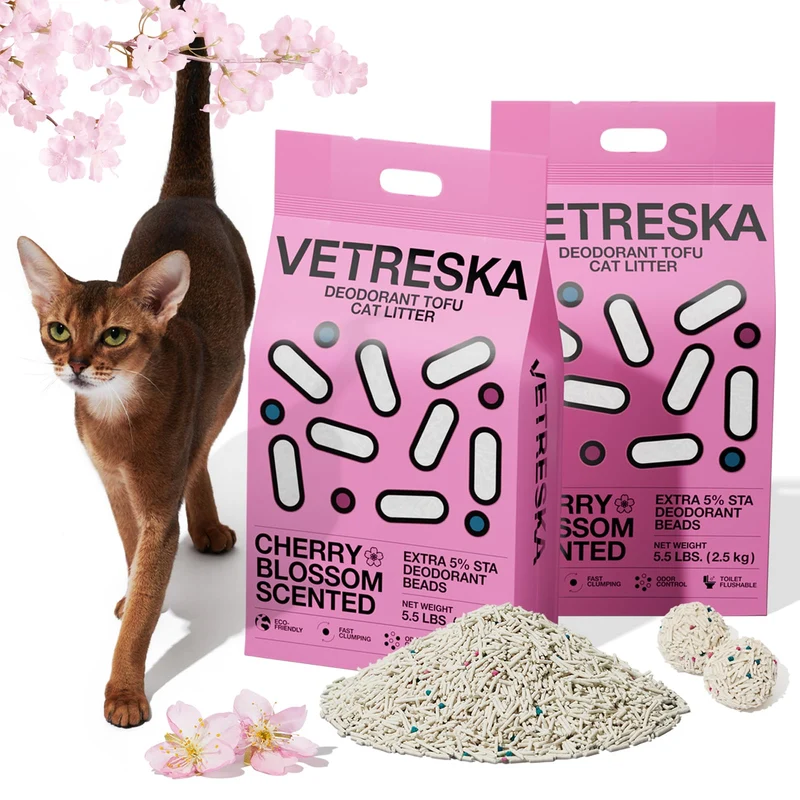 VETRESKA Cherry Blossom Tofu Litière pour Chat — Grumeaux Rapides, Sans Poussière, 5,5 lb × 2 sacs