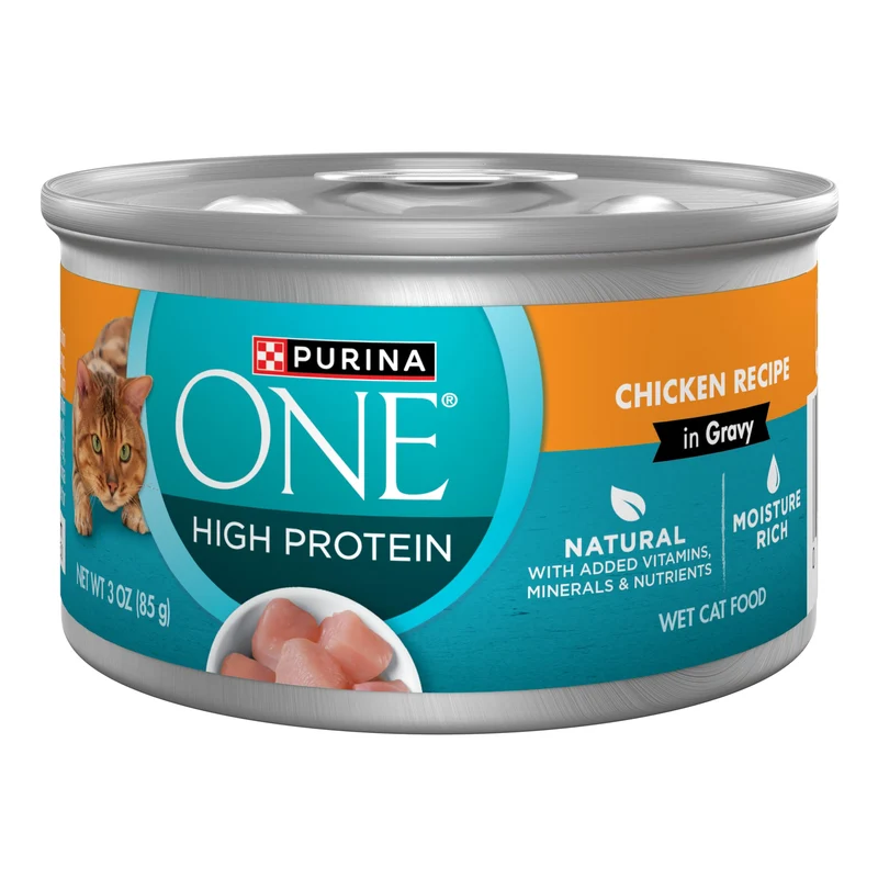 Purina ONE Nourriture humide pour chat — Recette au poulet, haute teneur en protéines, sauce, pack 24 boîtes de 85 g (3 oz) à ouverture facile