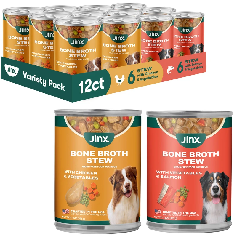 Jinx Bouillon d'Os en Ragoût pour Chiens – Poulet & Saumon, Sans Céréales, 12 boîtes de 13 oz