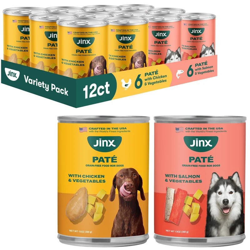 Jinx Premium — Pack Varié Boîtes Humides Chiens Saumon et Poulet, Sans Céréales, 12×13 oz