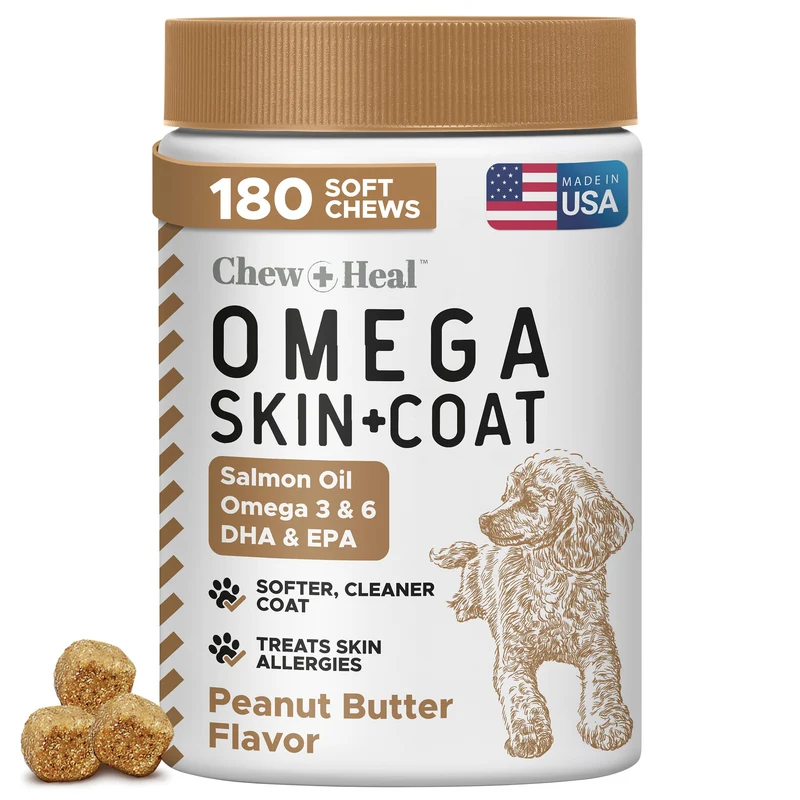 Omega3 pour chiens – Chew + Heal Labs, 180 bouchées au saumon, peau et pelage