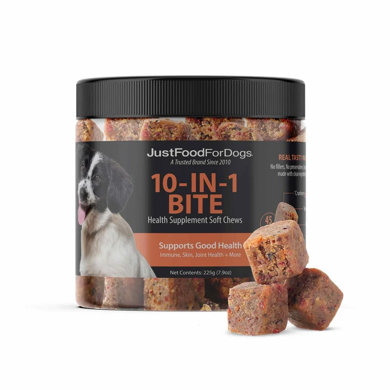 JustFoodForDogs 10-en-1 Supplément pour Chiens – Bouchées pour les hanches et articulations, Oméga-3, Vitamines (45 bouchées)