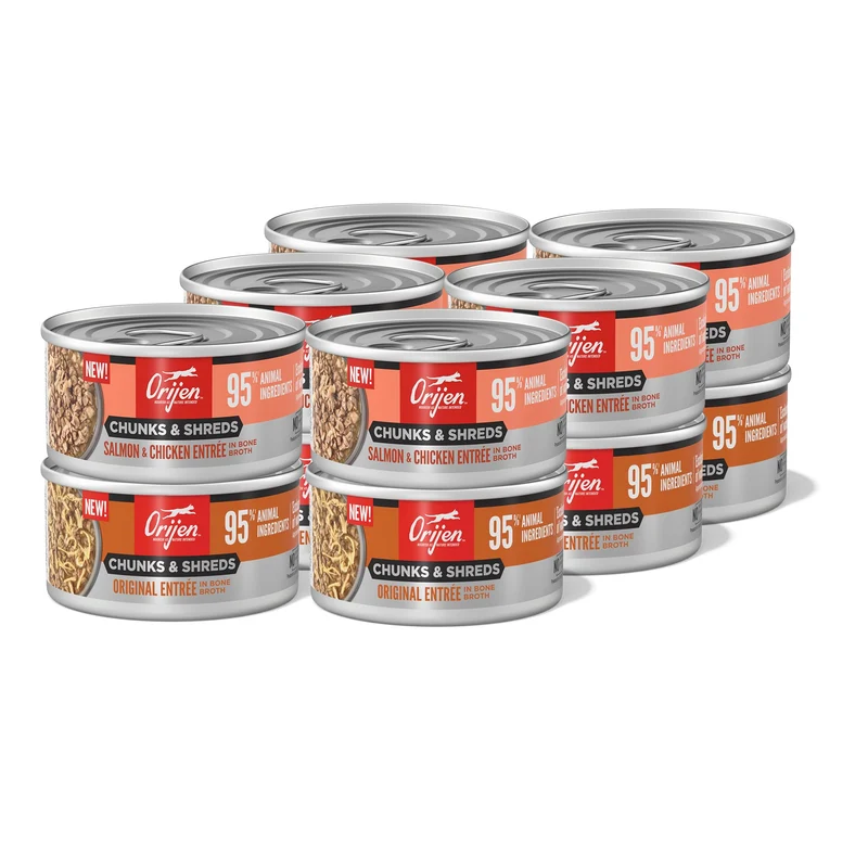 ORIJEN Morceaux et Émincés – Entrées Humides Chat Originales + Saumon et Poulet, Pack 12 boîtes de 3 onces