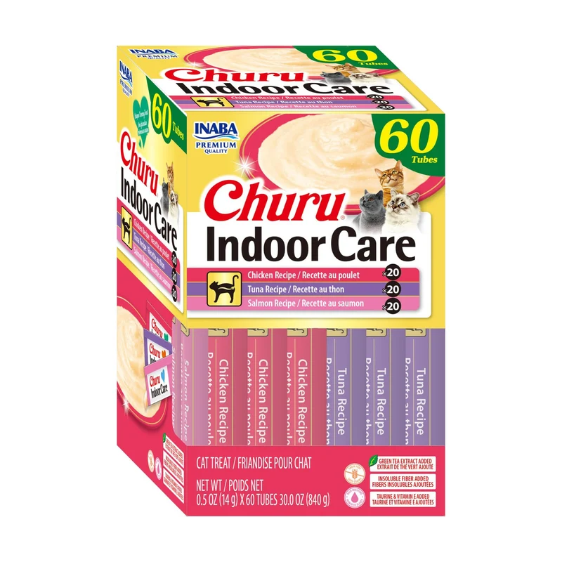 INABA Churu Indoor Care – Anti-boules de poils, friandise à lécher avec Taurine et Extrait de Thé Vert, 60 tubes (Poulet & Fruits de mer)
