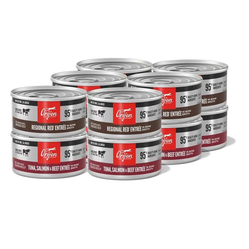 ORIJEN Premium Pâté pour Chat – Variété Entrée Thon-Saumon-Boeuf et Entrée Régionale Rouge, 12 Boîtes de 3 oz