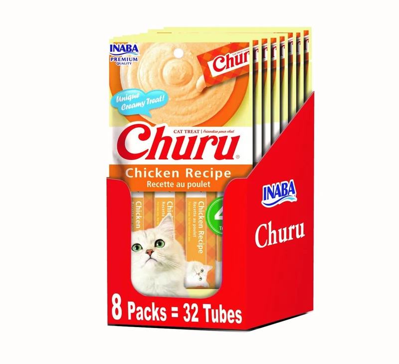 INABA Churu Purée Naturelle à Lécher pour Chats – Poulet, 32 Tubes (8 Paquets)