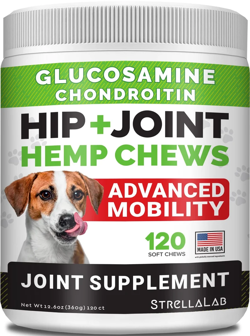 STRELLALAB Friandises au Chanvre pour Chiens – Soutien Hanches et Articulations avec Glucosamine, Oméga-3 – Saveur Poulet, 120 pièces – Fabriqué aux USA