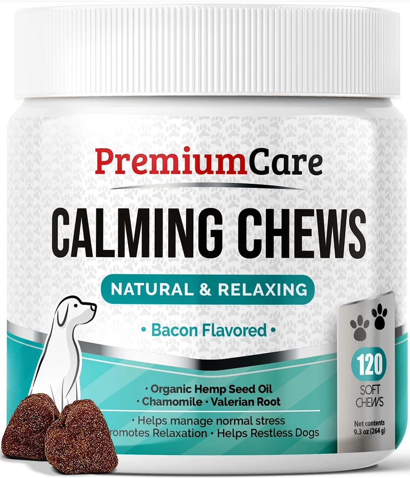 Premium Care Calming Chews pour chiens, fabriqués aux États‑Unis – Apaise anxiété et stress, 120 bouchées (264 g)