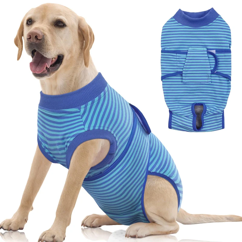 FUAMEY Combinaison de récupération pour chiens après chirurgie – Doux, respirant et facile à enfiler (bleu marine rayé) XXL