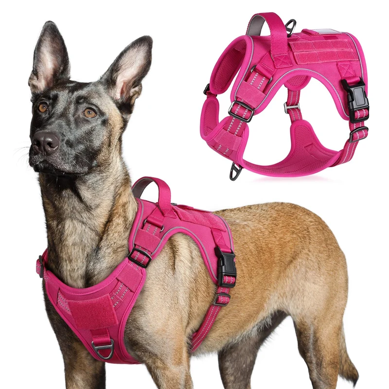 rabbitgoo Harnais Tactique pour Chien Grand – Pas de Traction, Poignée et MOLLE, Réglable, Bandes Réfléchissantes – Rose, Taille L