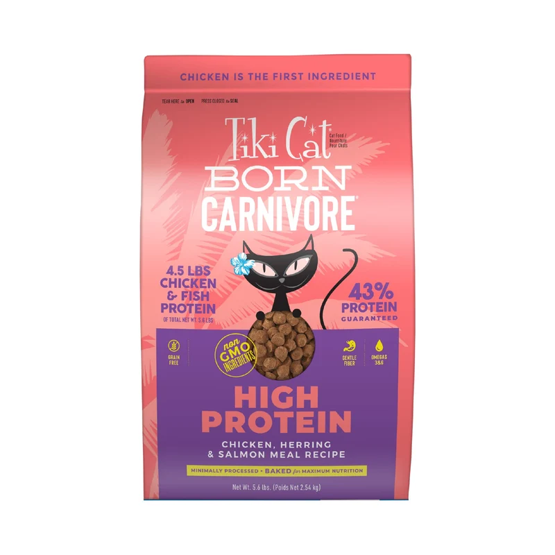 Tiki Cat Born Carnivore – Protéines élevées : Poulet, Hareng et Saumon – Croquettes Sans Céréales Cuisson au Four, 5,6 lb