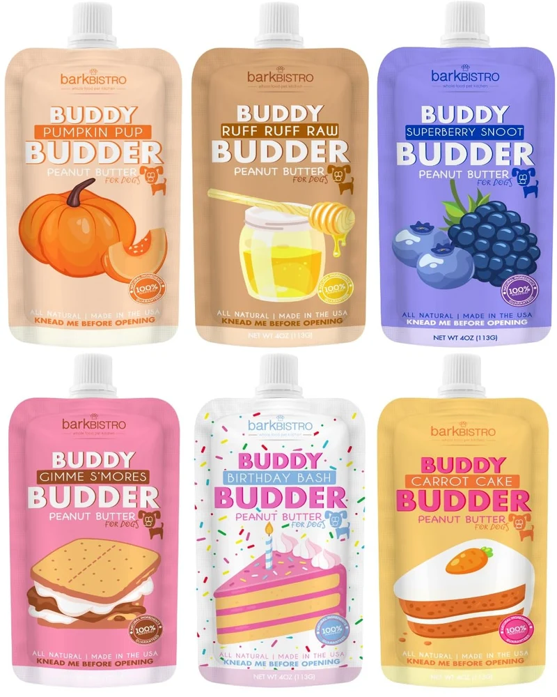 BUDDY BUDDER – Pack Mixte de 6 Sachets Beurre de Cacahuète pour Chiens – 100% Naturel, 4 oz, Fabriqué aux États-Unis