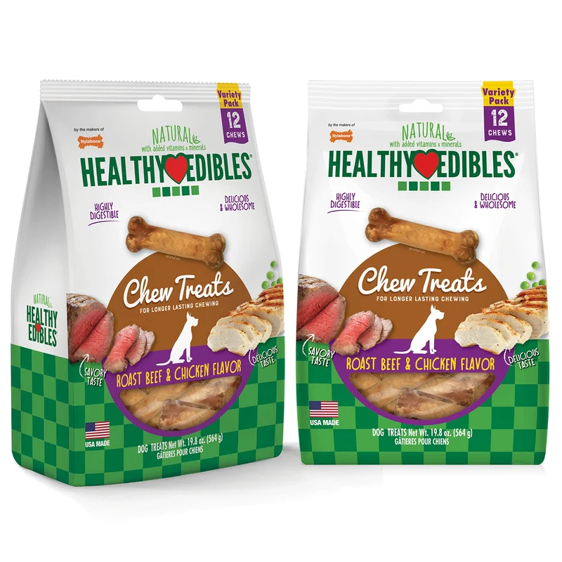 Nylabone Healthy Edibles Friandises Naturelles pour Chiens – Saveurs Boeuf Rôti & Poulet, Longue Durée, 24 pièces