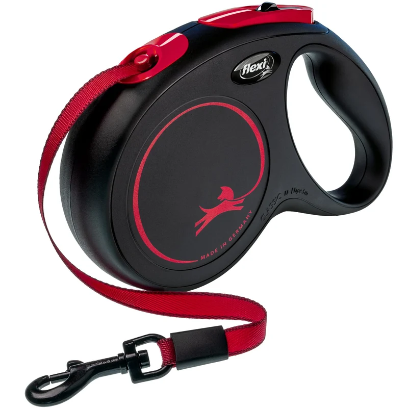 FLEXI Nouvelle Classique Laisse Rétractable pour Chiens Moyens (30–55 lb) – 16 pieds, Noir/Rouge | Frein à une Main, Pause, Verrouillage | Qualité Allemande