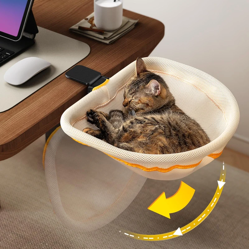 JUNSPOW Lit de bureau pour chat — pliage en un clic, design encastré, hamac semi-circulaire, jusqu’à 18 kg