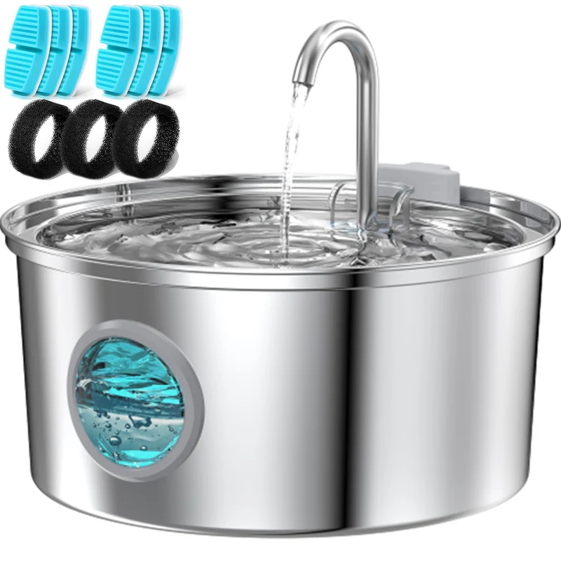 FOFNON Fontaine d'eau pour chat en inox – 3,2 L, silencieuse, 6 filtres + 3 éponges