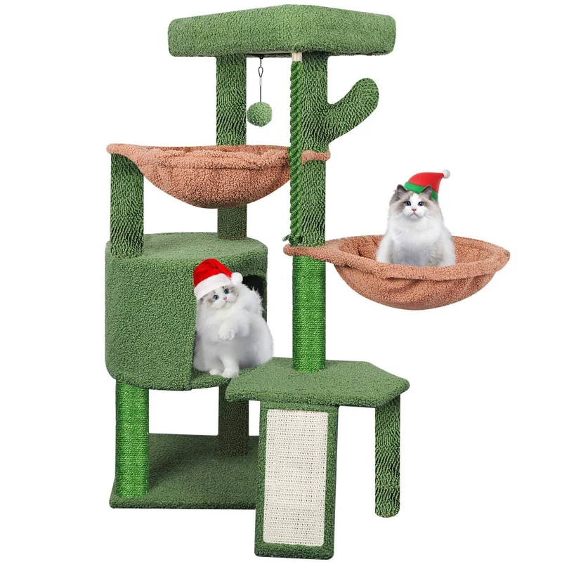 Arbre à chat Smouatou Wang Xin à trois niveaux avec condo, tapis de griffage et deux hamacs – Vert