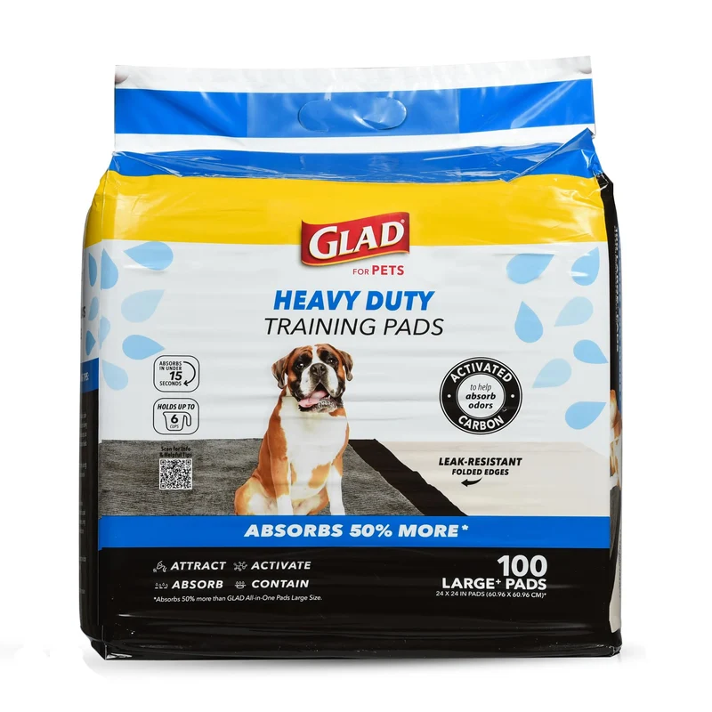 GLAD pour Animaux: Tampons d'Entraînement XL au Charbon Actif – Grand Format 24 x 24, 100 Pièces, Absorption élevée et Contrôle des Odeurs