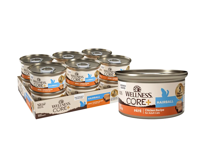 Wellness CORE+ Hairball Pâté Chat Adulte en Conserve — Protéines Élevées, Sans Céréales, Recette Poulet