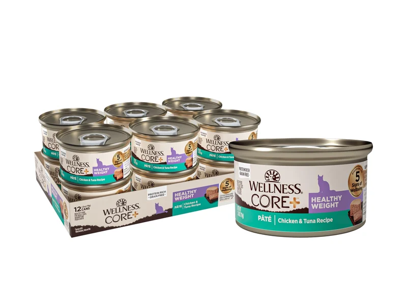 Wellness CORE+ Pâté Poids Sain pour Chat Adulte – Poulet et Thon, Sans Céréales, 12 Boîtes de 2,8 oz