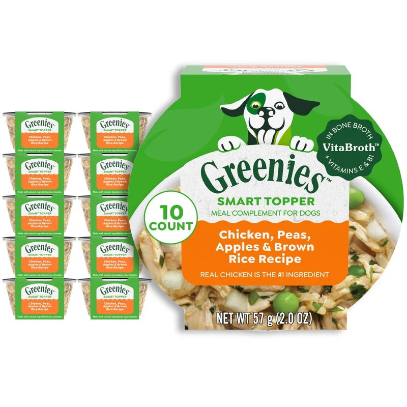 Greenies Smart Topper – Aliment humide protéiné pour chiens (poulet, pois, pomme, riz brun) avec VitaBroth – Vitamines E et B1, 10 portions