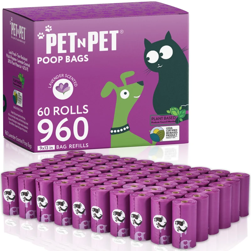 PET N PET Sacs à crottes parfumés Lavande – Lot de 960 sacs, épais et étanches, 41% végétaux