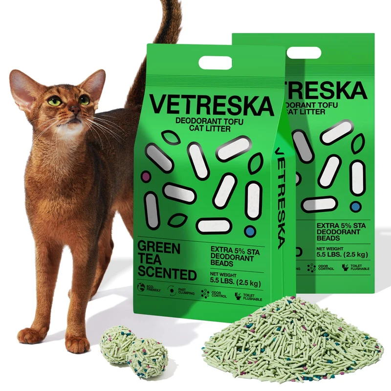VETRESKA Litière pour chat au tofu Greentea – agglomération rapide, sans poussière, écologique (5 kg en 2 sacs de 2,5 kg)